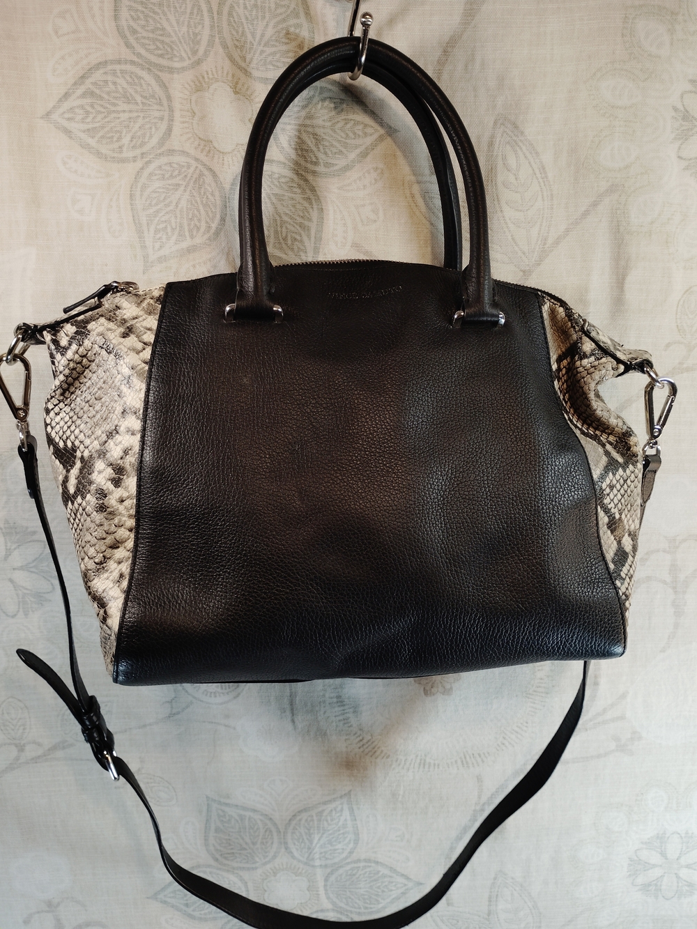 Vince Camuto Black Leather Crossbody with Snake-Print Sides